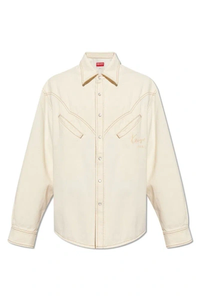 Kenzo Chemise Western Brodée ' Creations' Homme Stone Bleached White Denim