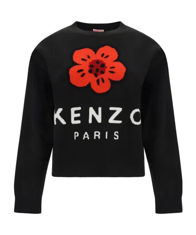 Kenzo Logo Floral Intarsia-knit Crewneck Jumper In Black