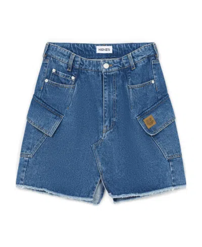 Kenzo Logo-patch Denim Mini Skirt In Blue