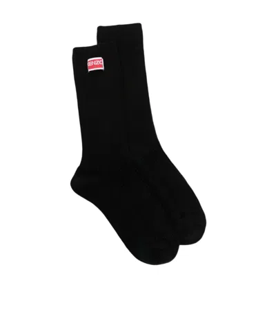 Kenzo Logo-patch Ribbed-knit Socks In Black
