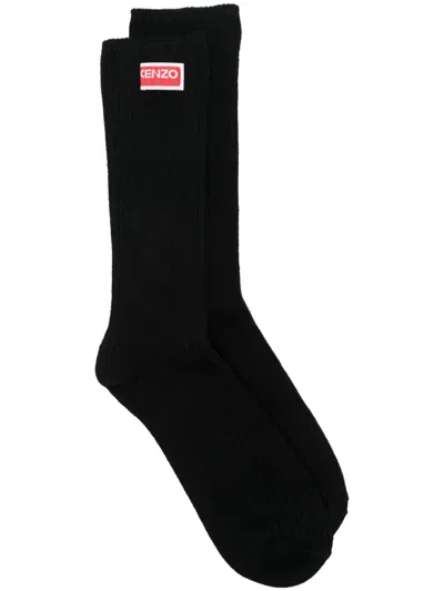 Kenzo Logo-patch Ribbed Socks In Black