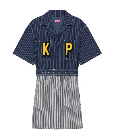 Kenzo Logo-patch Striped Denim Shirtdress In Blue