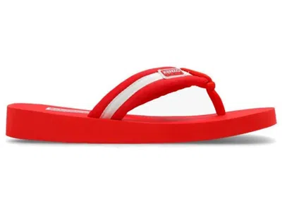 Pre-owned Kenzo Logo Patch Striped Flip Flops (women's) Sneakers In Tomato Red
