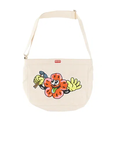 Kenzo Logo Patch Zipped Shoulder Bag In Powder