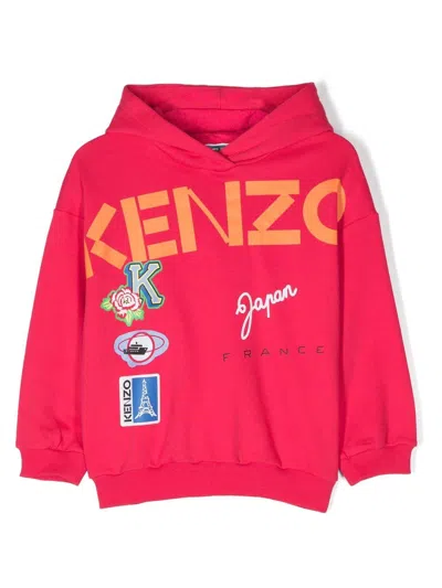 Kenzo Kids' Logo Print Cotton Hoodie In Pink