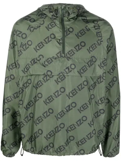 Kenzo Logo Print Nylon Anorak In Brown