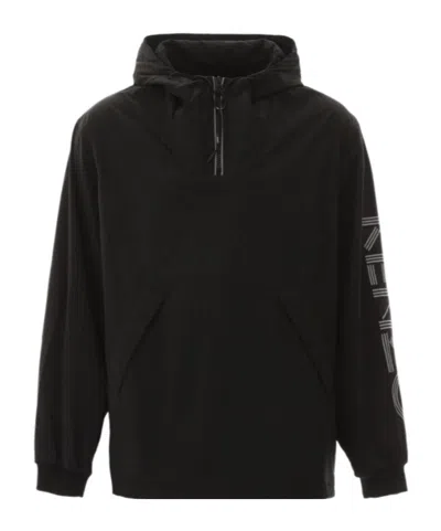 Kenzo Logo Print Hooded Windbreaker In Black