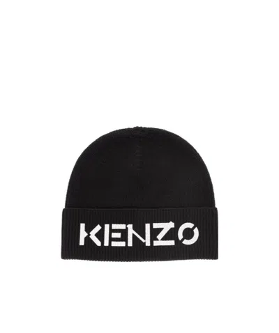 Kenzo Logo Print Ribbed Beanie In Black