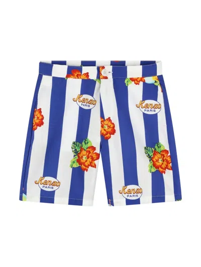 Kenzo Kids' Logo-print Striped Cotton Shorts In Neutrals