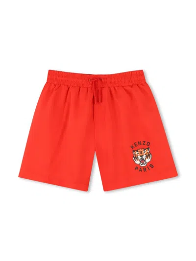 Kenzo Kids' Logo-print Swimming Shorts In 红色