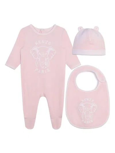 Kenzo Babies' Logo-print Velvet Pyjamas (set Of Three) In 粉色