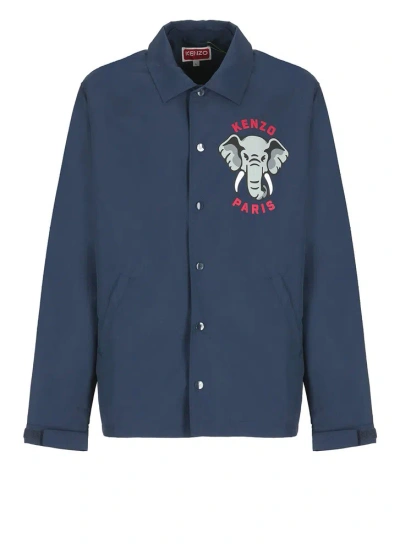 Kenzo Logo Printed Collared Button In Blue