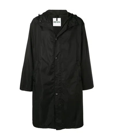 Kenzo Logo Printed Long Overcoat In Black