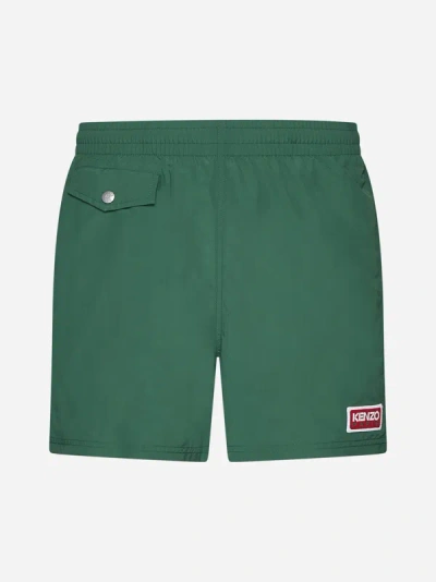 Kenzo Logo Patch Swim Trunks In Bottle Green