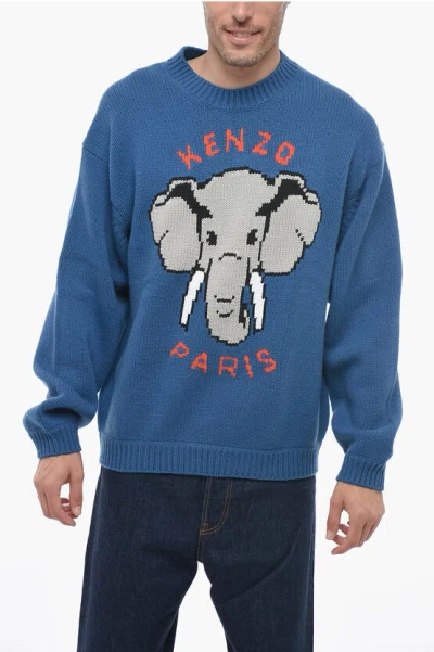 Kenzo Logoed Pixel Elephant Pullover In Blue
