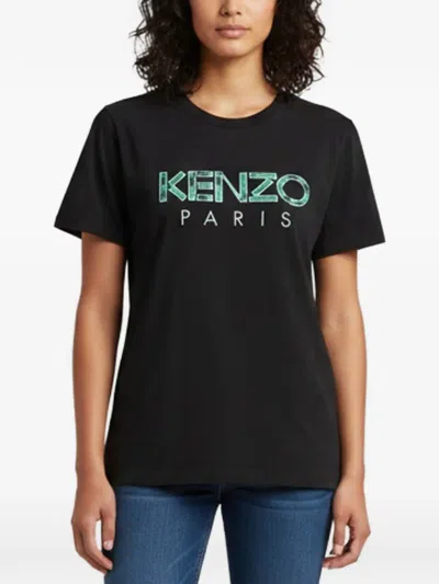Pre-owned Kenzo Logo-embroidered Short-sleeve T-shirt In Black