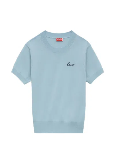 Kenzo Logo-embroidered Short-sleeved Sweater In Blue