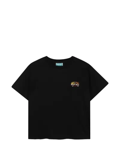 Kenzo Kids' Logo-embroidered T-shirt In Black