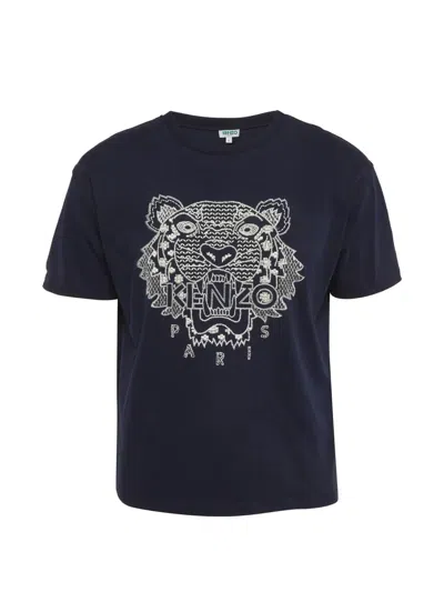 Pre-owned Kenzo Logo-embroidered T-shirt In Blue