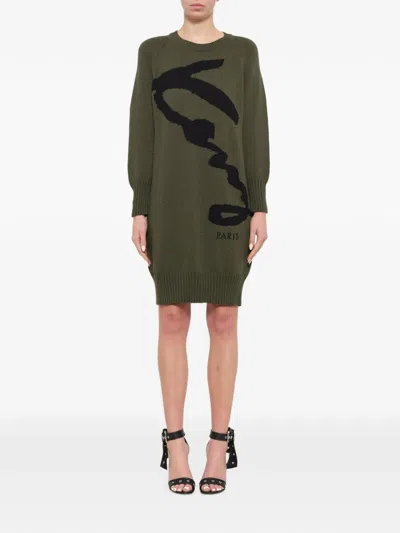 Kenzo Logo-intarsia Knitted Mini Dress In Green