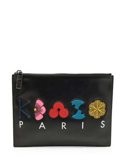 Pre-owned Kenzo Logo-patch Clutch Bag In Black