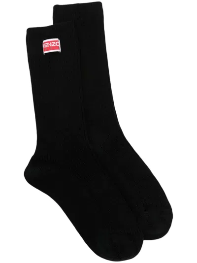 Kenzo Logo-patch Ribbed-knit Socks In Black