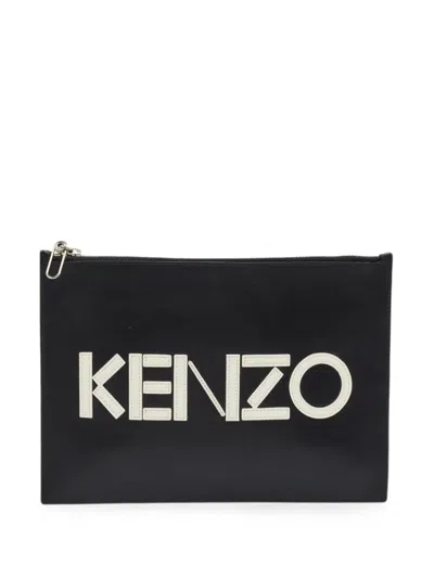 Pre-owned Kenzo Logo-print Leather Pouch In Black