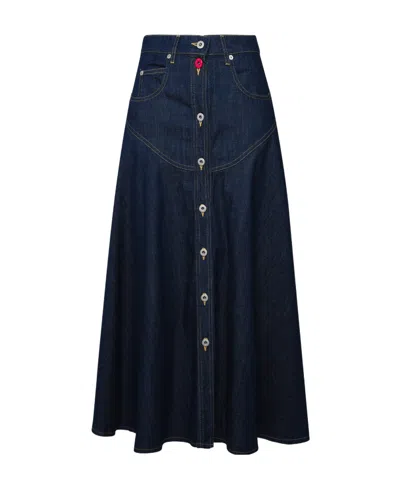 Kenzo Long Flared Denim Skirt In Blue