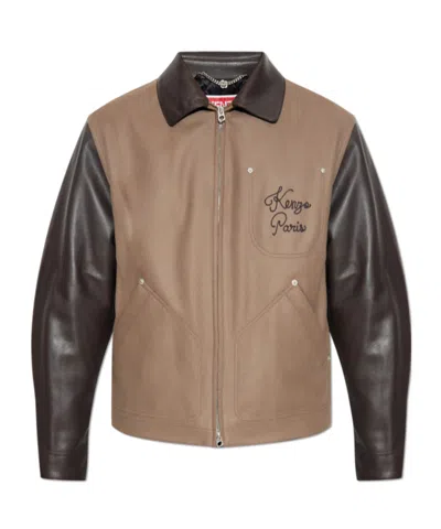 Kenzo Leather-sleeved Embroidered Jacket In Brown