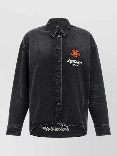 Kenzo Long Sleeve Shirt Curved Hem Yoke In Black