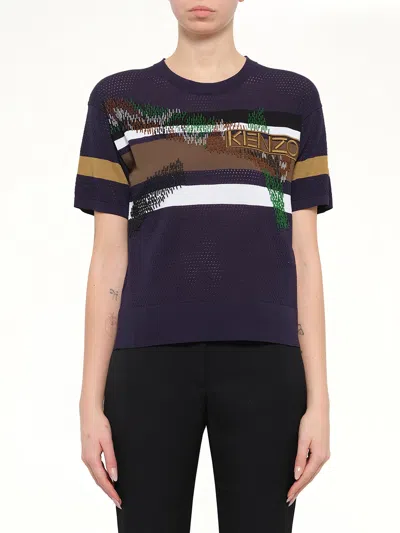 Kenzo Logo-embroidered Striped Sweater In Blue