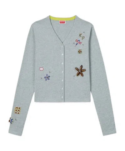 Kenzo Long-sleeved Embroidered Cardigan In Gray