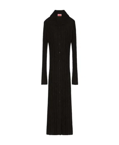 Kenzo Long Transparent Wool Sweater In Black