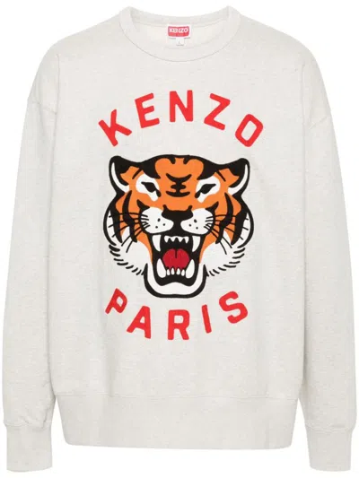 Kenzo Lucky Tiger Embroidered Oversize Cotton Sweatshirt In Gris Clair