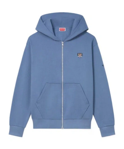 Kenzo Lucky Tiger Embroidery Zipper Hoodie In Blue