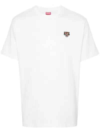 Kenzo White Crewneck T-shirt With Logo Patch On The Front In Cotton Man
