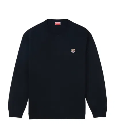 Kenzo Wool Cardigan V Neck Ribbed Cuffs Hem In Blue