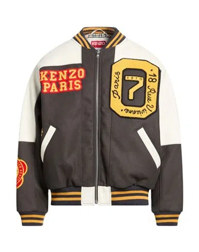 Kenzo Man Jacket Charcoal Size L Virgin Wool, Polyamide, Cow Leather, Acrylic, Elastane In Brown