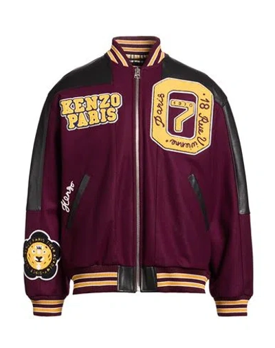 Kenzo Man Jacket Plum Size S Virgin Wool, Polyamide, Cow Leather, Acrylic In Purple