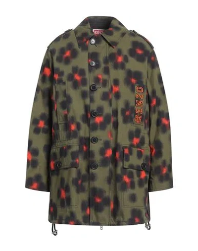 Kenzo Man Overcoat & Trench Coat Military Green Size S Cotton, Acrylic, Wool