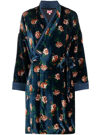 Kenzo Mantel Rose-print Velvet Coat In Blue