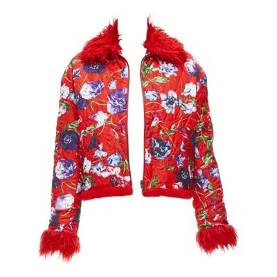 Pre-owned Kenzo Memento Reversible Red Purple Flower Print Faux Fur Crop Jacket Fr34 Xs