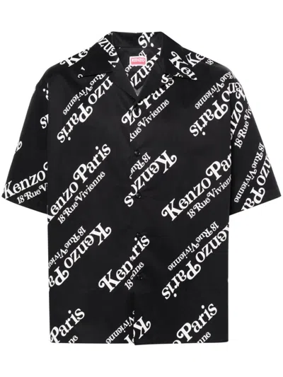 Kenzo Men's Black Cotton All-over Logo Print Shirt For Ss24