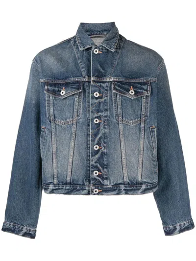 Kenzo Blue Denim Jacket With Logo Patch And Contrasting Stitching In Cotton Denim In Grey