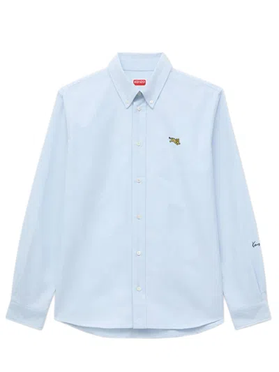 Kenzo Men's Cotton Button-down Shirt With Chest Tiger Embroidery, Button Front & Back-neck Signature In Azzurro