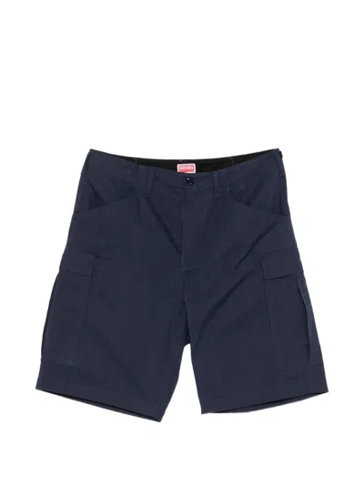 Kenzo Men's Cotton Cargo Shorts With Embroidered Side, Adjustable Belt Tabs And Back Pockets In Blue