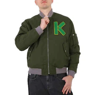 Pre-owned Kenzo Men's Dark Khaki Varsity Logo-patch Bomber Jacket