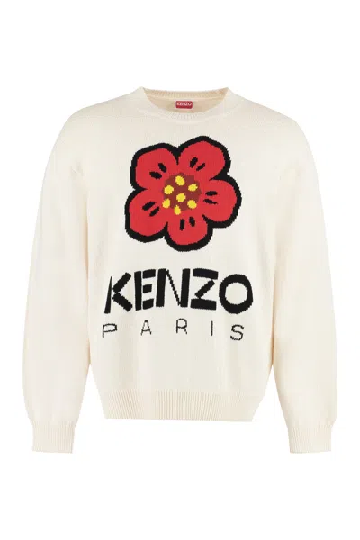 Kenzo Men's Ivory Boke Flower Intarsia Long Sleeve Sweater For Ss23 In Neutral
