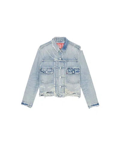 Pre-owned Kenzo Men's  X Levi's Type Ii Distressed Genderless Denim Trucker Jacket In Stone Bi Dirty Blue Denim