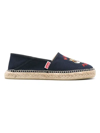 Kenzo Tiger Embroidered Canvas Espadrilles Jute Midsole In Blue